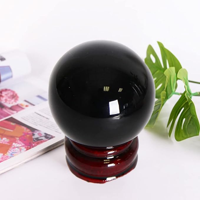 JIC Gem Small Black Obsidian Sphere Crystal Ball with Wooden Stand for Fengshui Healing Meditation Decoration (60-70mm)