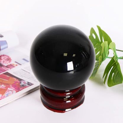 JIC Gem Small Black Obsidian Sphere Crystal Ball with Wooden Stand for Fengshui Healing Meditation Decoration (60-70mm)