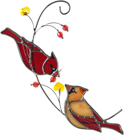 Cardinal Couple Suncatcher, Stained Glass Window Hanging,Sun Catchers Indoor Bird Decor, Garden Decor Ornaments Memorial Gifts for Women Red Birds Wall Hangings with Suction Cup
