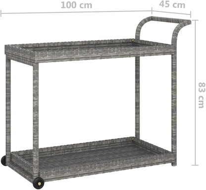 Outdoor Rolling Wicker Bar Cart with Storage Shelves, Portable Bar Cart with Wheels, Patio Kitchen Island Cart for Pool Deck Backyard, Gray 39.4"x17.7"x32.7" Poly Rattan -464