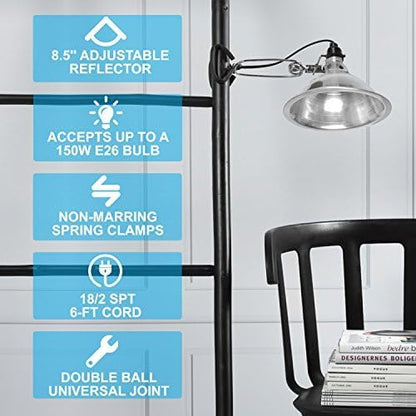 Simple Deluxe Clamp Lamp Light with 8.5 Inch Aluminum Reflector Up to 150 Watt E26 Socket (No Bulb Included) 6 Feet 18/2 SPT-2 Cord,Silver, 1 Pack
