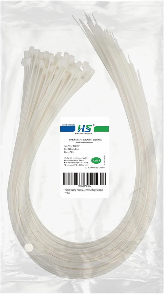HS Extra Long Heavy Duty Zip Tie Straps (50 Pack) Thick 0.35 Inch Plastic Duct Zip Ties Heavy Duty