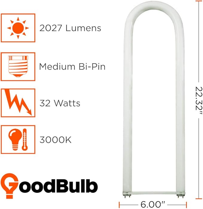 32 Watt 6 Inch T8 Fluorescent U-Bend Light Bulb 3000K Soft White Medium Bi-Pin Base High Output 3050 Lumens 32W 10000 Life Hours 80 CRI 20 Pack