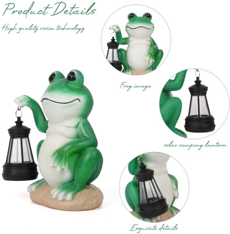 Frog Garden Statues with Solar Lantern, Outdoor Figurine Resin Sculpture Hanging Solar Power Lights for Decoration Yard Patio Balcony Lawn Ornament Art Decor, Unique Gift for Grandma Wowen Mom