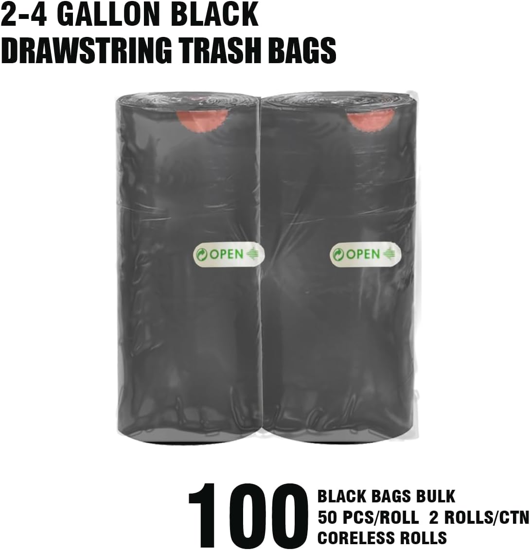 2-4 Gallon Trash Bags Drawstring, 100 Count Bulk, Black & Unscented Small Multi-purpose Garbage Bags for Business Home Bathroom Kitchen Commercial and Industrial