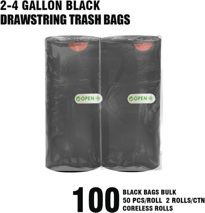 2-4 Gallon Trash Bags Drawstring, 100 Count Bulk, Black & Unscented Small Multi-purpose Garbage Bags for Business Home Bathroom Kitchen Commercial and Industrial
