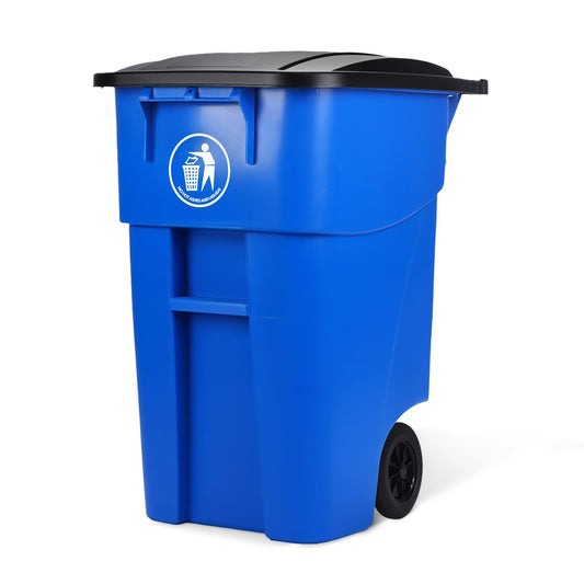 50 Gallon Trash Can, Blue Outdoor Garbage Can, Wheeled Outside Recycling Bin, Outdoor Trash Can