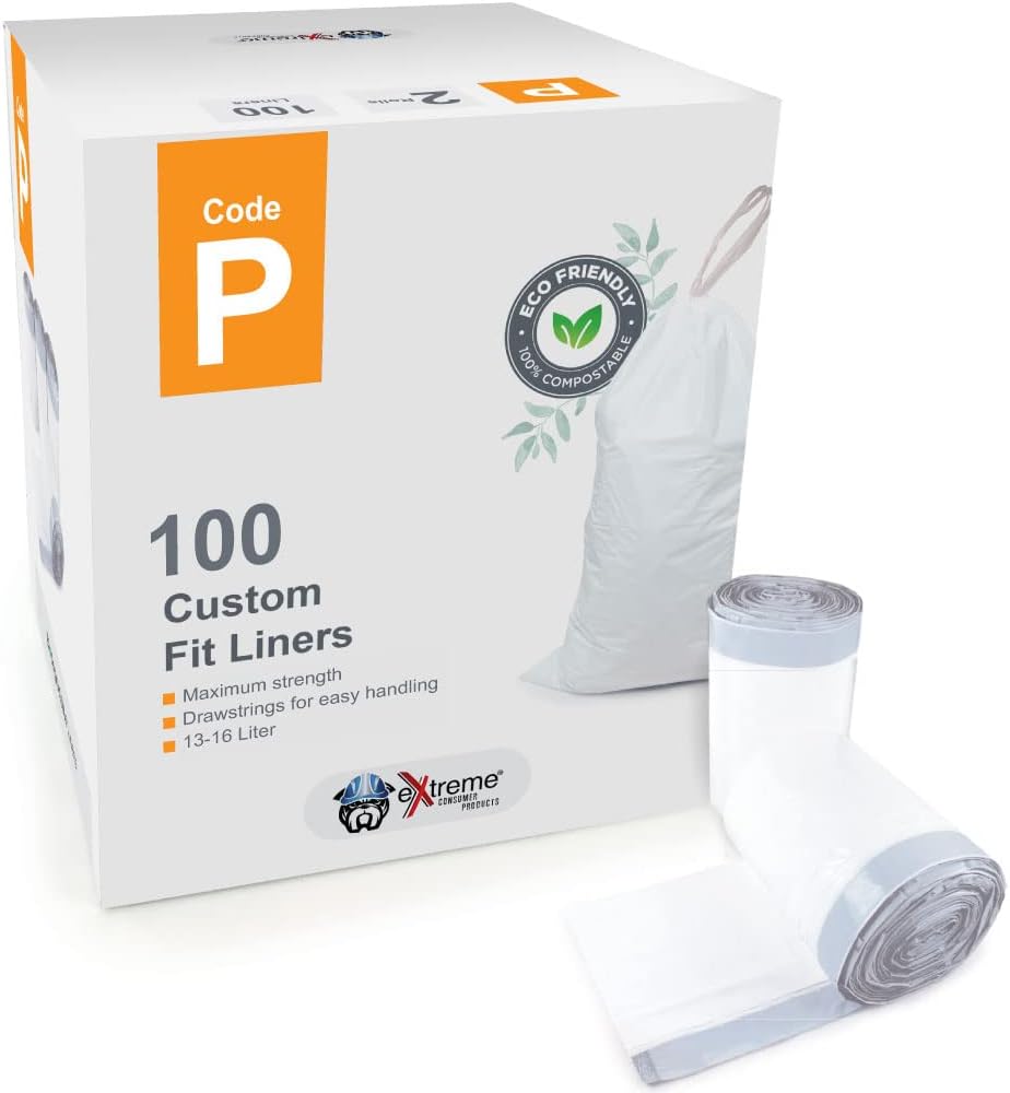 Compatible With Simplehuman Code P - Durable Custom Fit Plastic White Trash Bags w/Drawstring, 50-60 Liter/ 13-16 Gallon Trash Cans - 2 Refill Rolls (100 Count) -Heavy Duty Kitchen Garbage Bags
