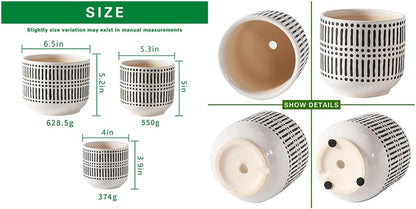 Docrin Plant Pots Ceramic: 6.5+5.3+4 Inch Flower Pots with Drainage Holes for Plants, Modern Flower Pots for Home and Office, Indoor-Outdoor - Set of 3/White and Black