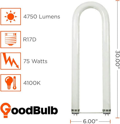 GoodBulb 75-Watt 6 Inch T12 Fluorescent U-Bend Light Bulb 4100K Cool White Light Color Medium Bi-Pin Base High Output 4750 Lumens 10000 Life Hours 62 CRI Pack of 6 Bulbs