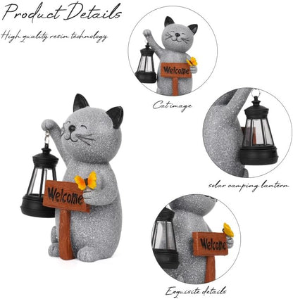 Cat Garden Statues with Solar Lantern, Outdoor Figurine Resin Sculpture Hanging Solar Power Lights for Decoration Yard Patio Balcony Lawn Ornament Art Decor, Unique Gift for Grandma Wowen Mom