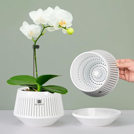 5 inch Orchid Pots with Holes for Repotting,Set of 1,Decorative Orchid Planter with Air-Pruning and Good Air Circulation,Plastic White Orchid Container with Saucers