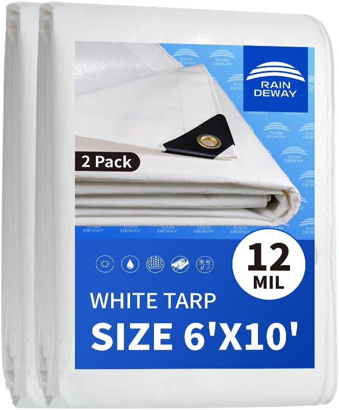 RAINDEWAY 12 Mil Heavy Duty White Tarp 6x10 Feet (2 Pack), UV Resistant, Waterproof, Weatherproof Poly Tarp with Metal Grommets and Reinforced Edges