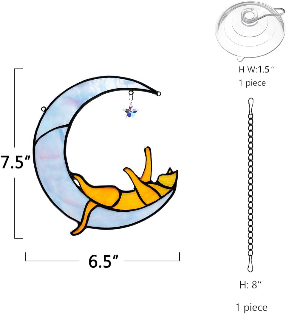 Orange Cat on Moon Stained Glass Suncatchers Star Crystal Decor,Rainbow Stained Glass Window Hangings,Funny Cat Lover Themed Gifts for Women Mom