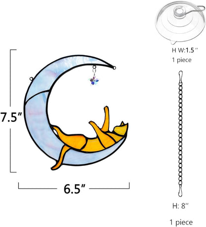 Orange Cat on Moon Stained Glass Suncatchers Star Crystal Decor,Rainbow Stained Glass Window Hangings,Funny Cat Lover Themed Gifts for Women Mom