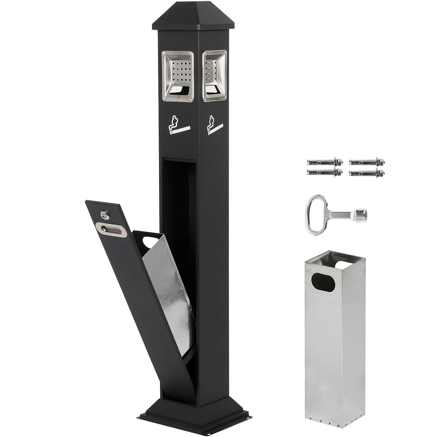 120cm Standing Waste Containers Trash Cans, Rubbish Bin Indoor Outdoor Stainless Steel Vertical Freestand Trash Bin with Key,Pub Hotel Restaurant Garden Standing Bin (B)