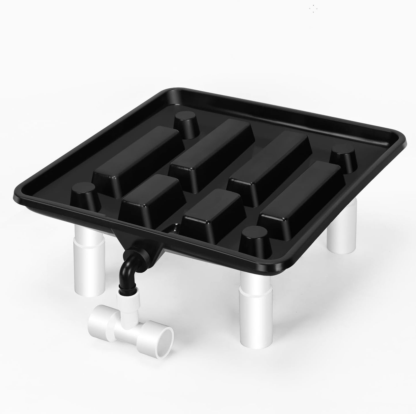 Ez-Pz Runoff Trays 15.5in Garden Flood and Drain Plant Base with PVC Legs and Drain Fitting, Elevated Plant Saucers for Use in Indoor Grow Tents, Greenhouses, and Outdoor Gardens