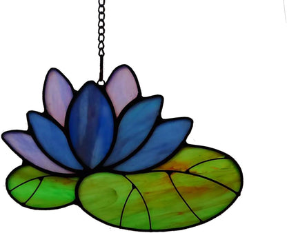 Stained Glass Lotus Flower Window Hanging Sun Catcher Holiday Decoration Window Panels Birthday Gifts for mom,Woman and Friends (Blue)