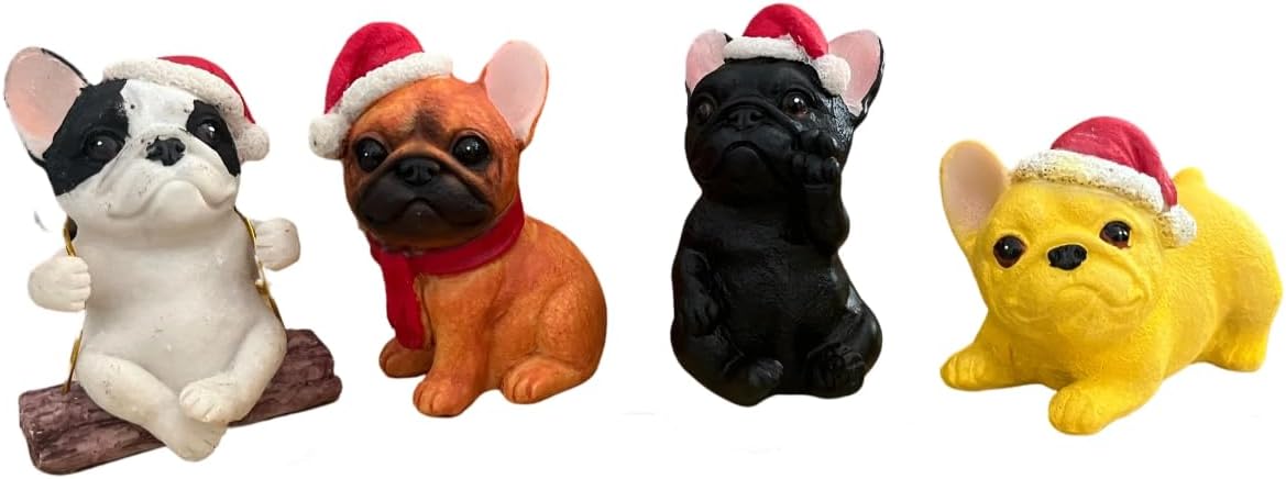 4 Pieces Cute French Bulldog Dog Figurines Fairy Garden Figurines Resin Dog Statues with Christmas Hat for Office Home Garden Decor Collectible Puppy Figurines Animal Sculpture for Kids