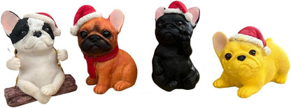 4 Pieces Cute French Bulldog Dog Figurines Fairy Garden Figurines Resin Dog Statues with Christmas Hat for Office Home Garden Decor Collectible Puppy Figurines Animal Sculpture for Kids
