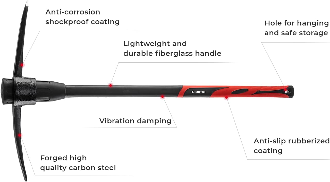 INTERTOOL Pick Axe for Digging - 36” Heavy Duty Garden Mattock Pickaxe - Rust Resistant Steel with Adze Hoe & Shock Absorbing Fiberglass Anti-Slip Handle - Cultivate, Loosen Soil, Dig - HT08-0305