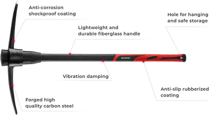 INTERTOOL Pick Axe for Digging - 36” Heavy Duty Garden Mattock Pickaxe - Rust Resistant Steel with Adze Hoe & Shock Absorbing Fiberglass Anti-Slip Handle - Cultivate, Loosen Soil, Dig - HT08-0305