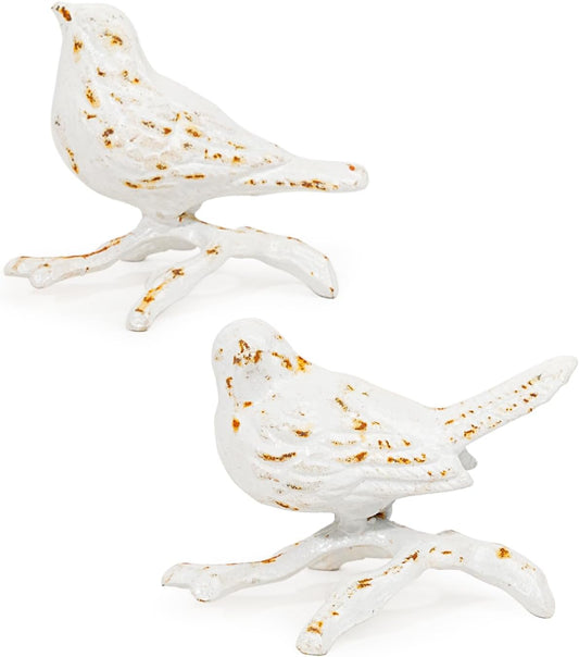 Sungmor Cast Iron Small Bird Statues, Set of 2 Antique White Bird with Branch Collectible