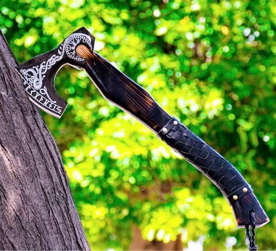 SHINY CRAFTS® Handcrafted Decorative Viking Axe with Leather-Wrapped Handle & Sheath – Engraved Blade – Ceremonial Collectible Gift for Men, Warriors, History Buffs, Cosplay & Display (VBA-06)