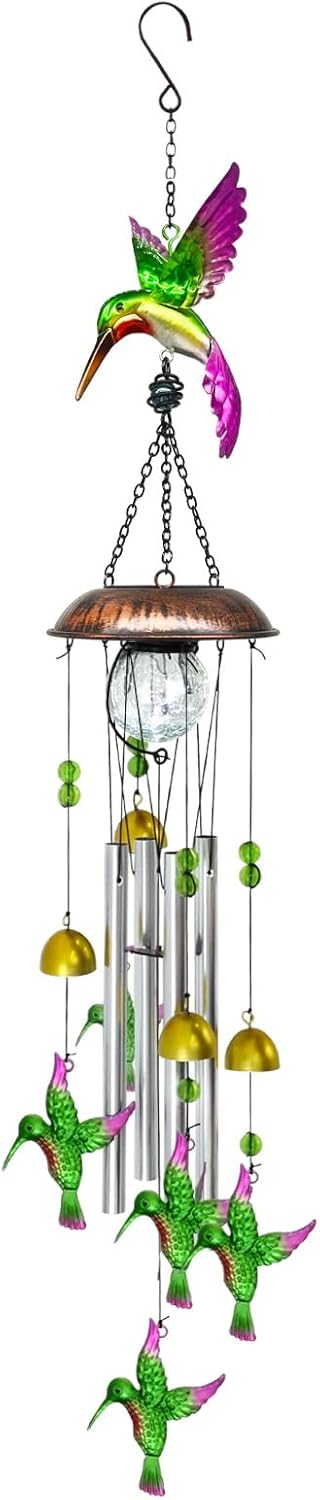 Solar Wind Chimes for Outside, 33.5 Inch Hummingbird Wind Chimes Outdoors with Crackled Glass Ball Decorative Hanging in Garden, Yard, Patio