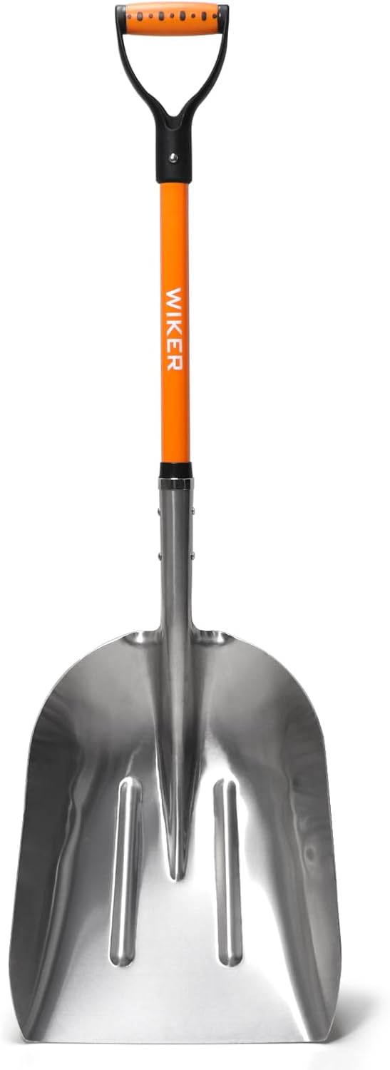 WIKER Aluminum Snow Shovel for Driveway, 45-Inch Large Capacity Blade, 3.5lbs Lightweight with Fiberglass D-Grip Handle, Heavy Duty Metal Snow Removal Tool for Home and Garden