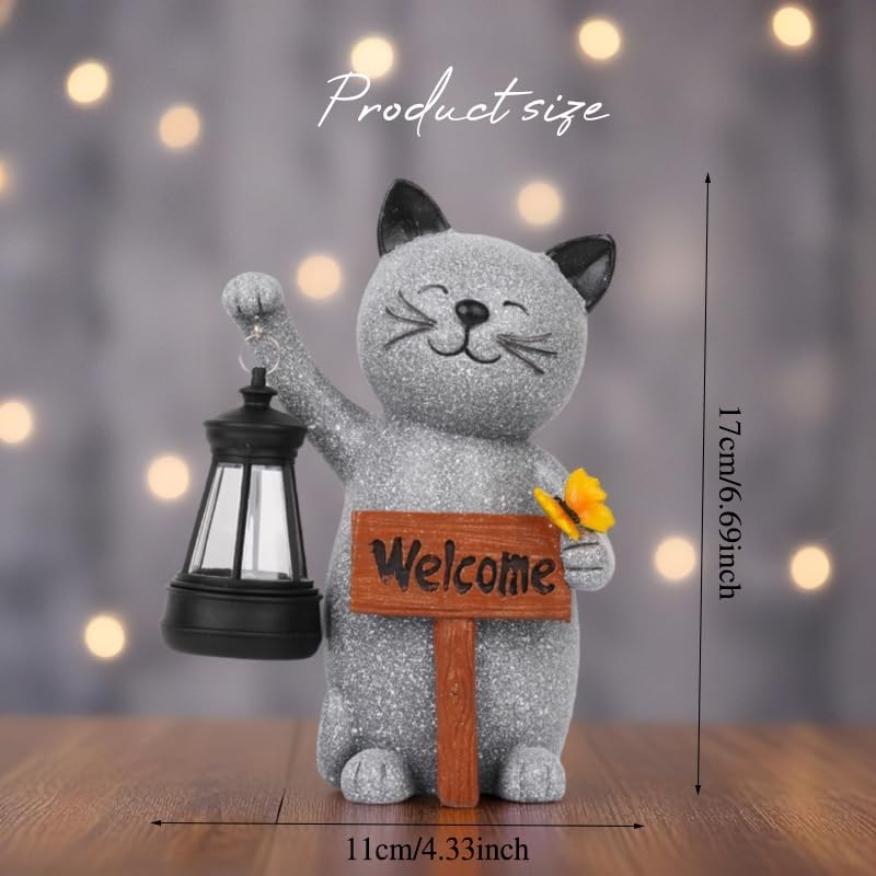 Cat Garden Statues with Solar Lantern, Outdoor Figurine Resin Sculpture Hanging Solar Power Lights for Decoration Yard Patio Balcony Lawn Ornament Art Decor, Unique Gift for Grandma Wowen Mom