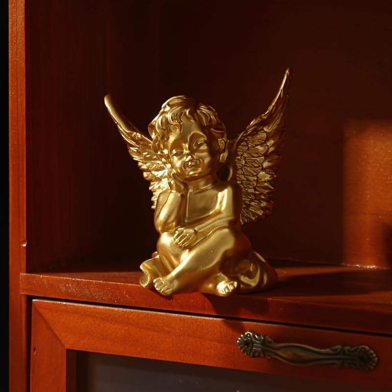 YUEOECOR 2PCS Cherubs Angels Resin Garden Statue Figurine, Adorable Angel Sculpture Memorial Statue Indoor Outdoor Home Garden Decoration (B 2PCS Gold)