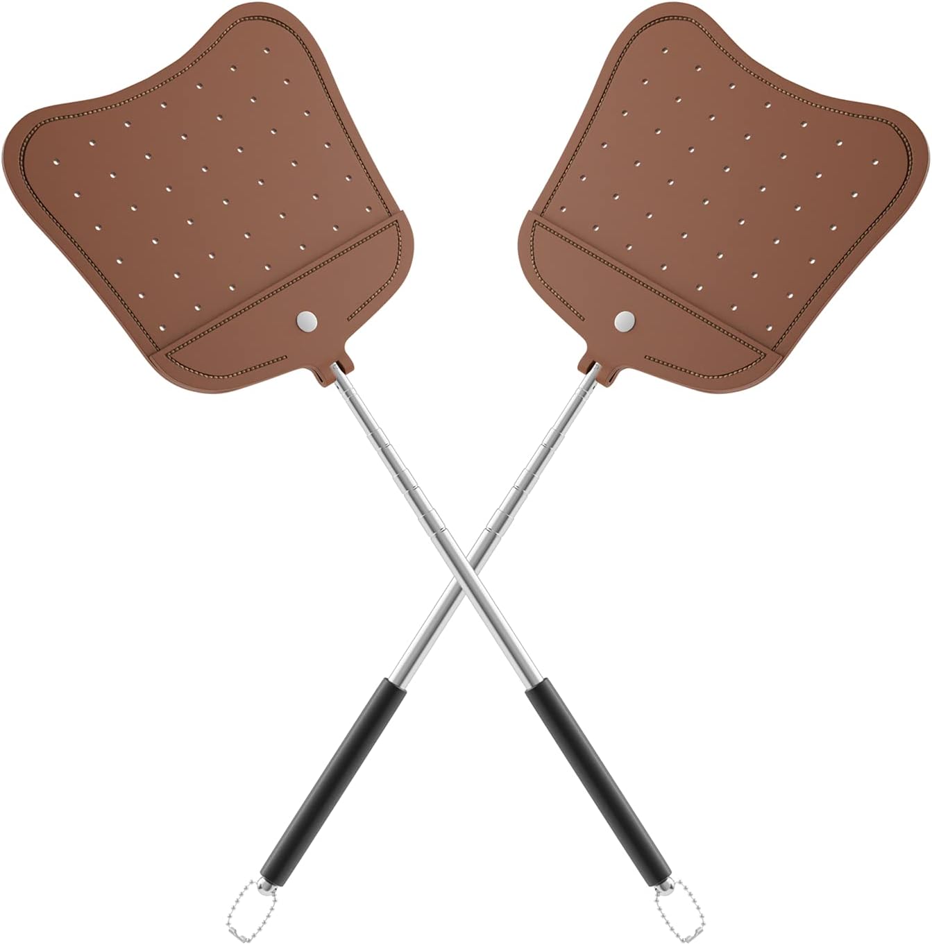 Foxany Telescopic Fly Swatters Heavy Duty Set, Leather Fly Swatter with Extendable Long Handle, Flexible Manual Flyswatter for Indoor Outdoor, 2 Pack