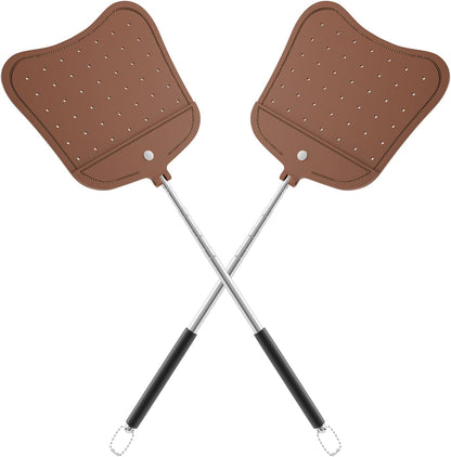 Foxany Telescopic Fly Swatters Heavy Duty Set, Leather Fly Swatter with Extendable Long Handle, Flexible Manual Flyswatter for Indoor Outdoor, 2 Pack