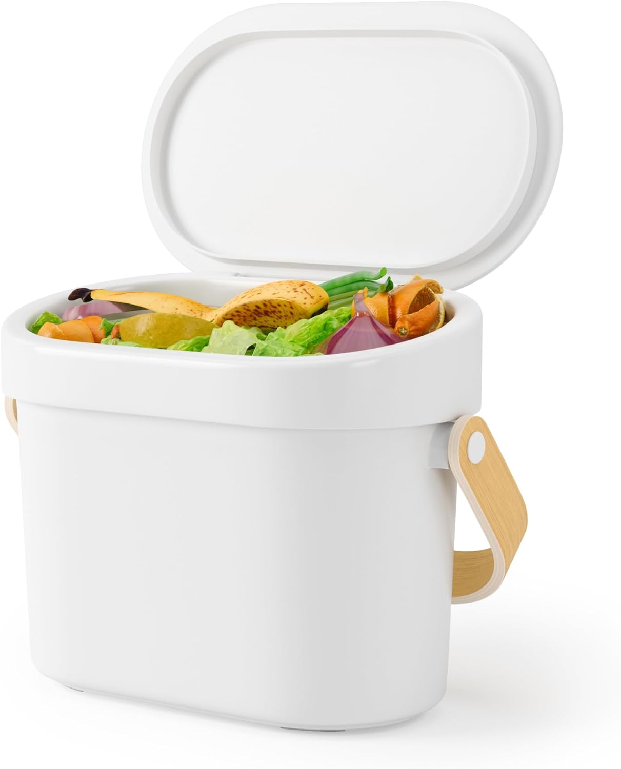 Umbra Bellwood Kitchen Compost Bin – White/Natural, Countertop or Cabinet Mounted, 6L Compost Container with Hidden Bag Retainer, BPA-Free & Dishwasher Safe| Bellwood Collection