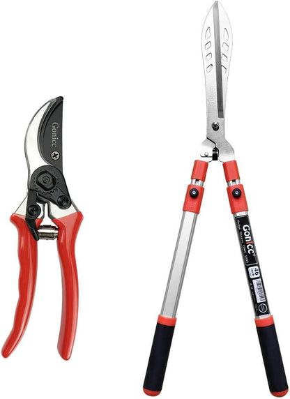 gonicc 8" Professional Sharp Bypass Pruning Shears(GPPS-1002) and Adjustable 33"+ 13" Hedge Shears. Tree Trimmers Secateurs,Hand Pruner, Garden Shears,Clippers for The Garden.