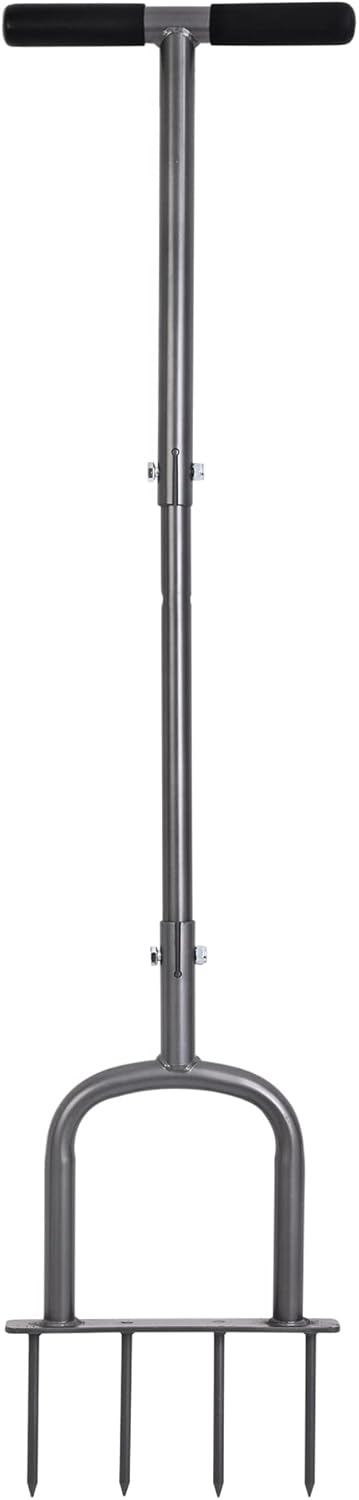 Manual Lawn Aerator for Compacted Soil Aerating - Height Adjustable Handheld Spike Aerator with 4 Steel Tines