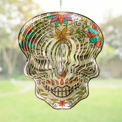 Skylar Day of The Dead Skull 12-inch Wind Spinner, Multi Color Stainless Steel Hanging Ornament Wind Spinners Outdoor Clearance, 3D Visual Effects, Garden Art Décor, Metal Indoor Outdoor Crafts