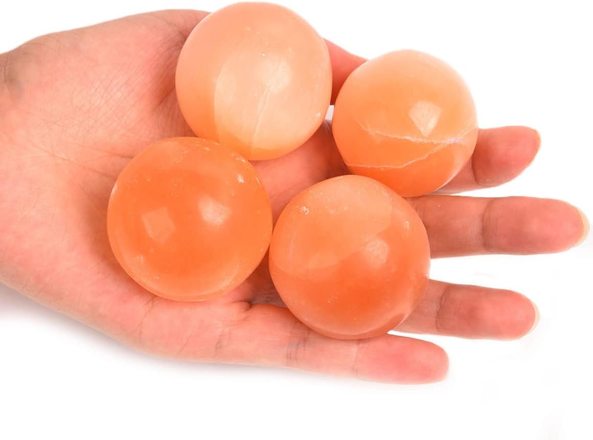 JIC Gem 4Pcs Orange Selenite Balls 1.4-1.7 Inch Small Natural Selenite Crystal Spheres
