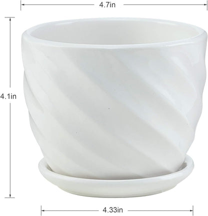 Plant Pots - 4.7 Inch Cylinder Ceramic Planters with Connected Saucer, Pots for Succuelnt and Little Snake Plants, Set of 4, White