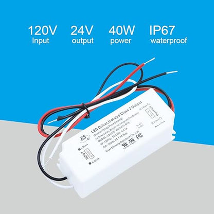 UL Recognized 24V LED Driver Dimmable, 120V to 24 Volt Transformer Triac Dimming Power Supply IP67 Waterproof, 1.7A DC Adapter AC Dimmable for LED Strip Light