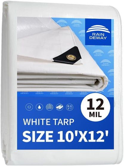 RAINDEWAY 12 Mil Heavy Duty White Tarp 10x12 Feet, UV Resistant, Waterproof, Weatherproof Poly Tarp with Metal Grommets and Reinforced Edges