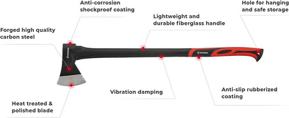 INTERTOOL 15” Hatchet and 36” Chopping Axe Set - Small Ax and Tree Felling Tool with Shock Absorbing Fiberglass Handles & Blade Protectors HT-0261-0264