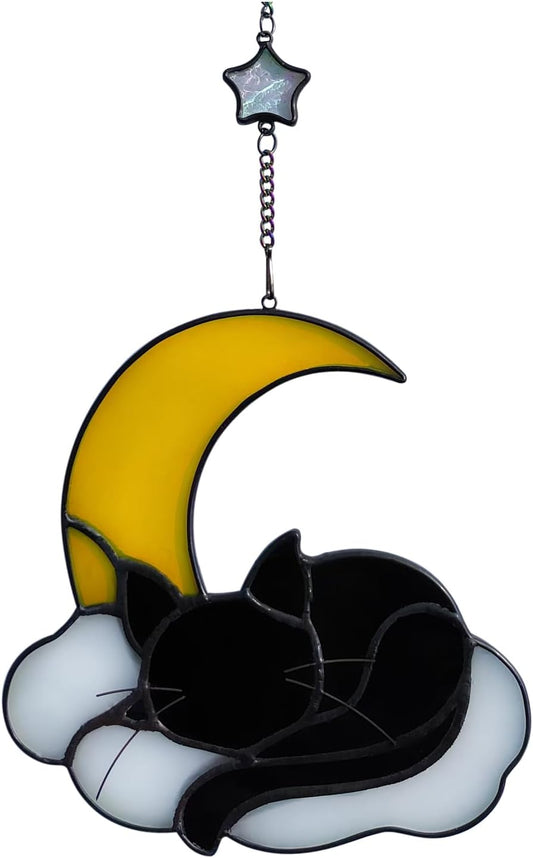 Sleeping Cat Stained Glass Windown Hanging,The Black cat Sleeping Under The Companionship of Stars