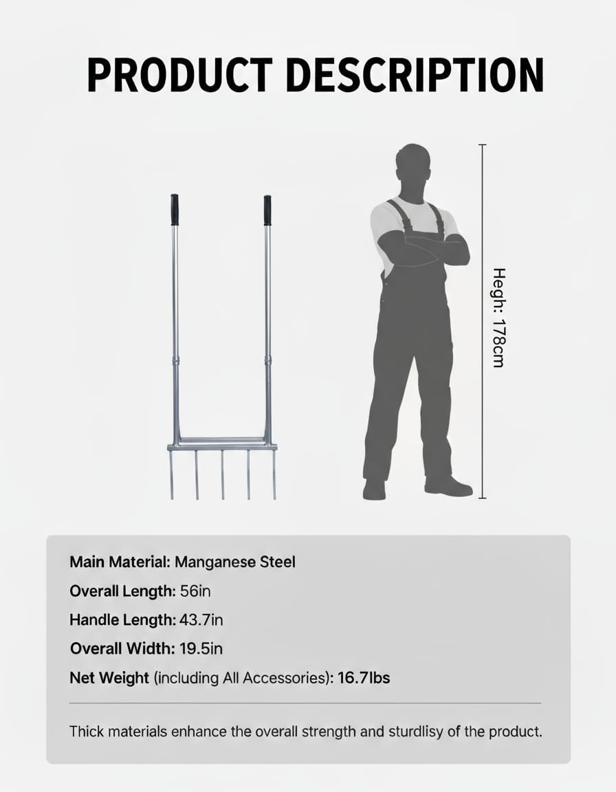 5-Tine Broad Fork Heavy Duty Garden Fork Built Tough for Lasting Durability Loosen and Aerate Clay Soil on Farms and in Home Gardens