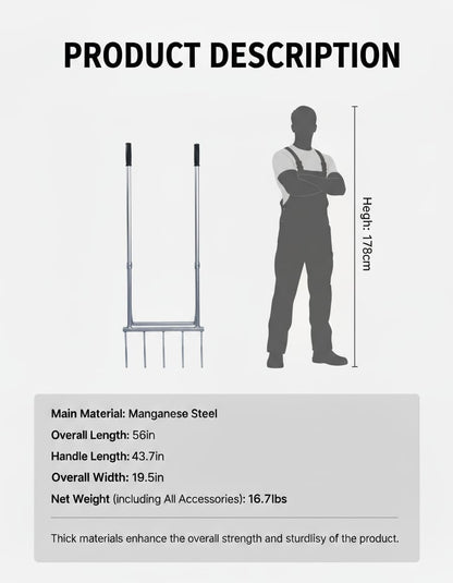 5-Tine Broad Fork Heavy Duty Garden Fork Built Tough for Lasting Durability Loosen and Aerate Clay Soil on Farms and in Home Gardens