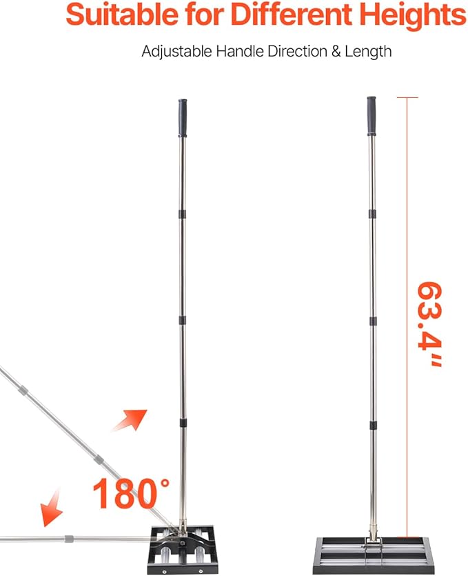 VEVOR Updated Lawn Leveling Rake with Roller, 17'' x 10" Stainless Steel Lawn Leveler with 63.4'' Adjustable Handle, Heavy Duty Yard Leveling Rake, Effort Saving Lawn Leveling Tool for Yard Golf Court