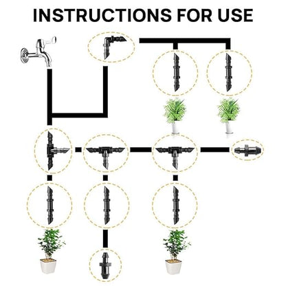FGY 120PCS Drip Irrigation Fittings Kit for 1/4" Tubing - Couplings, Tees, Elbows, End Plugs - Barbed Connectors for Drip System