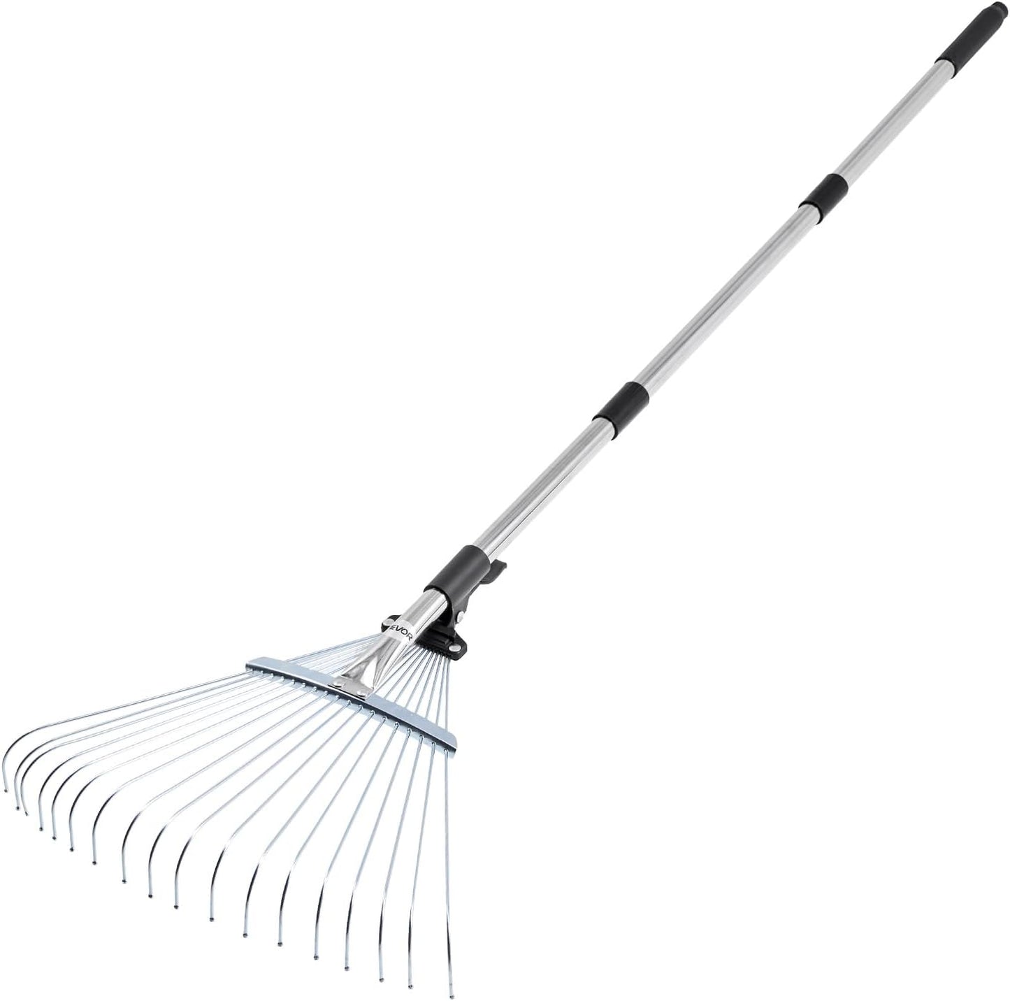 VEVOR Leaf Rake, 18 Metal Tines, Adjustable Garden Rake for Lawns with 7.7-17.1 Inch Head & 32.3-55.6 Inch Long Handle, Heavy Duty Stainless Steel Small Leaves Tool for Gardening Camping Yard Grass