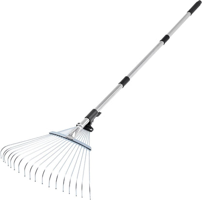 VEVOR Leaf Rake, 18 Metal Tines, Adjustable Garden Rake for Lawns with 7.7-17.1 Inch Head & 32.3-55.6 Inch Long Handle, Heavy Duty Stainless Steel Small Leaves Tool for Gardening Camping Yard Grass